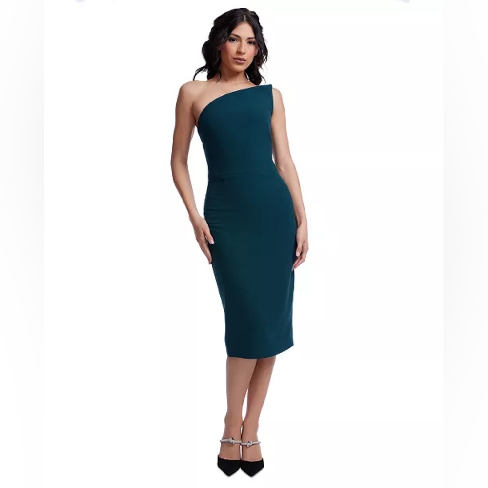 NWT Dress the Population Milan Asymmetric-Neck Fitted Dress Size M in Pine